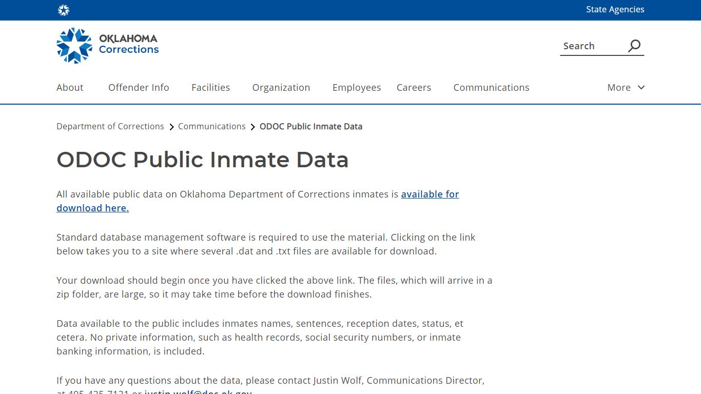 ODOC Public Inmate Data - Department of Corrections